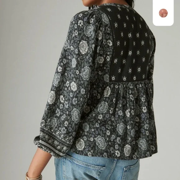 Lucky Brand Boho Peasant Black Floral Blouse- XXL - Picture 3 of 12